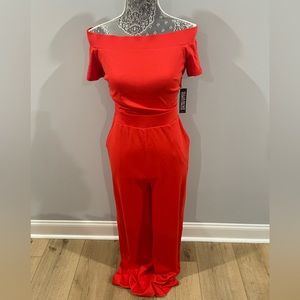 Never Worn Before! Red off the shoulder jumpsuit